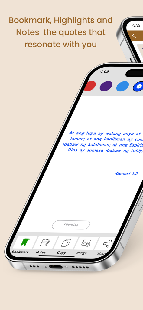 The Magandang Balita Bibliya app showing Bible verse highlighting and note taking features