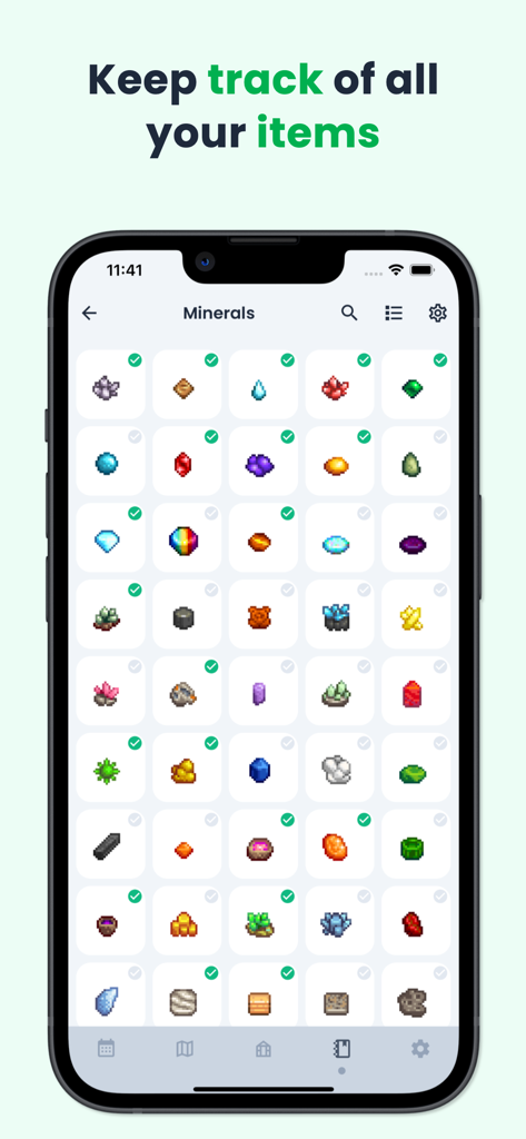 Stardew Valley Tracker - Stardew Valley Tracker app interface showing a grid of minerals with checkmarks for completion tracking