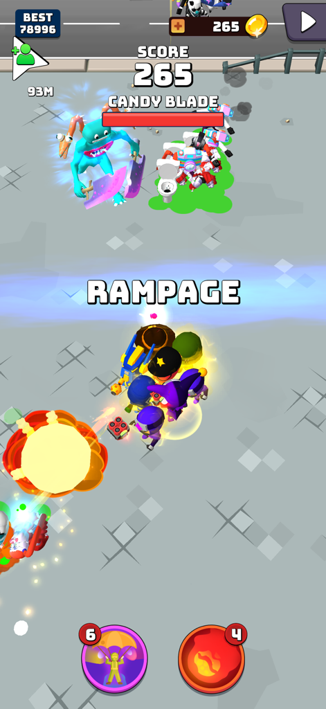 A group of superheroes fighting a giant blue monster named Candy Blade during a rampage in a 3D shooter game.