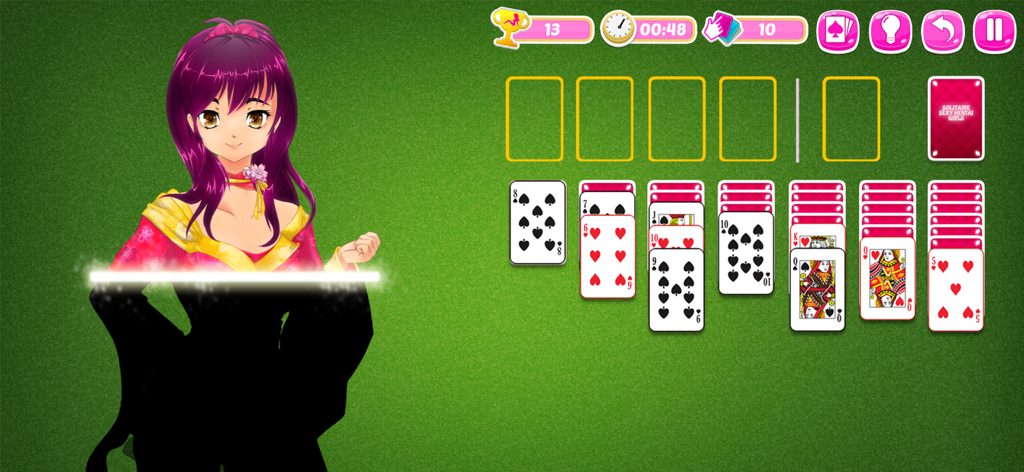 Solitaire Manga Girls - A classic solitaire card game interface featuring a purple haired anime girl character on a green background.