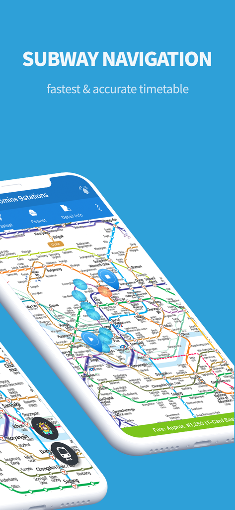 Subway Korea app interface showing a detailed vector based metro map and timetable for Seoul transit