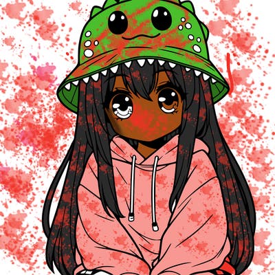 girl with anime shaped eyes with a dinosaur bucket hat oversized sweatshirt long straight hair