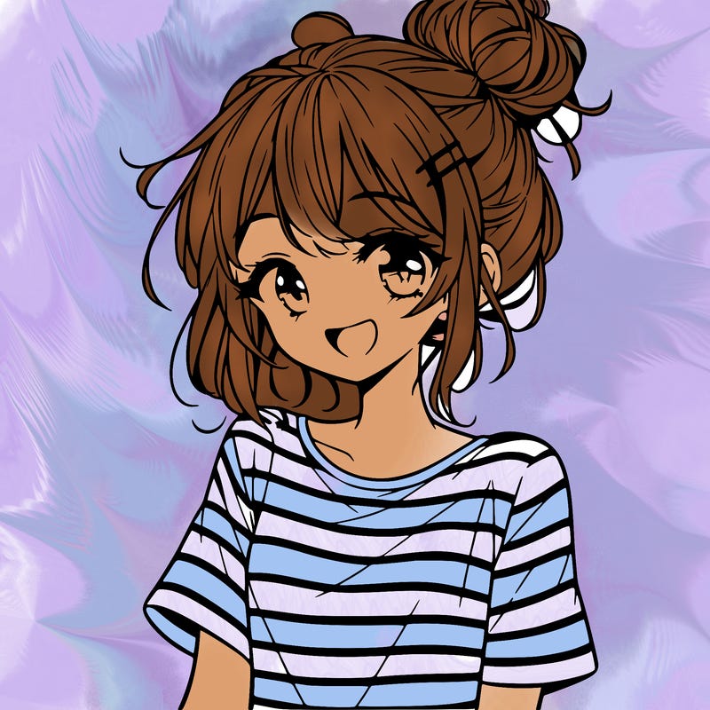 anime girl teenager striped shirt and smile and messy bun