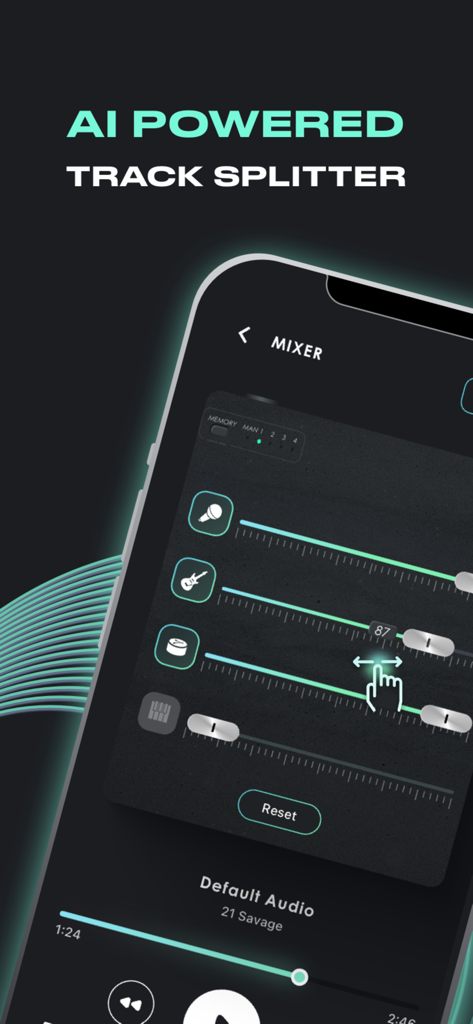 Music Remover: Audio Separator - Mobile app interface of Music Remover showing an AI powered track splitter with volume sliders for vocals guitar and drums