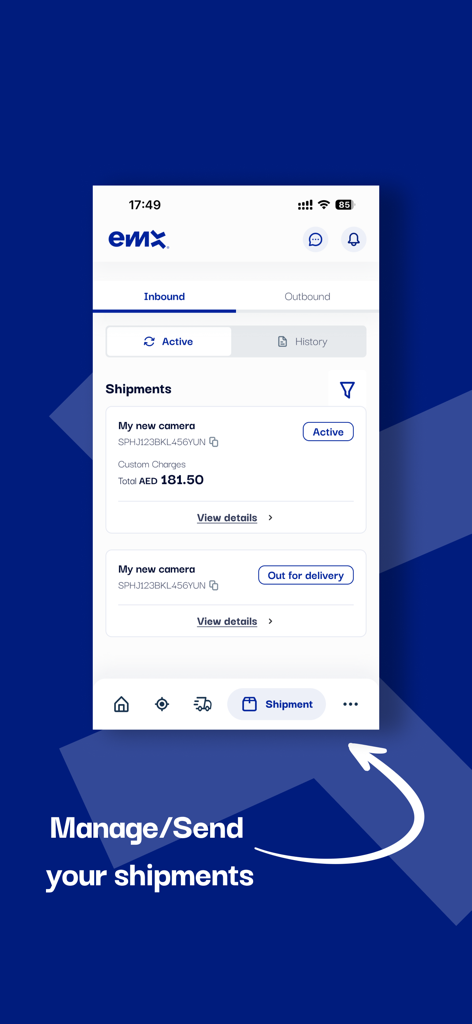 Interface of the EMX Express app for managing and tracking inbound shipments