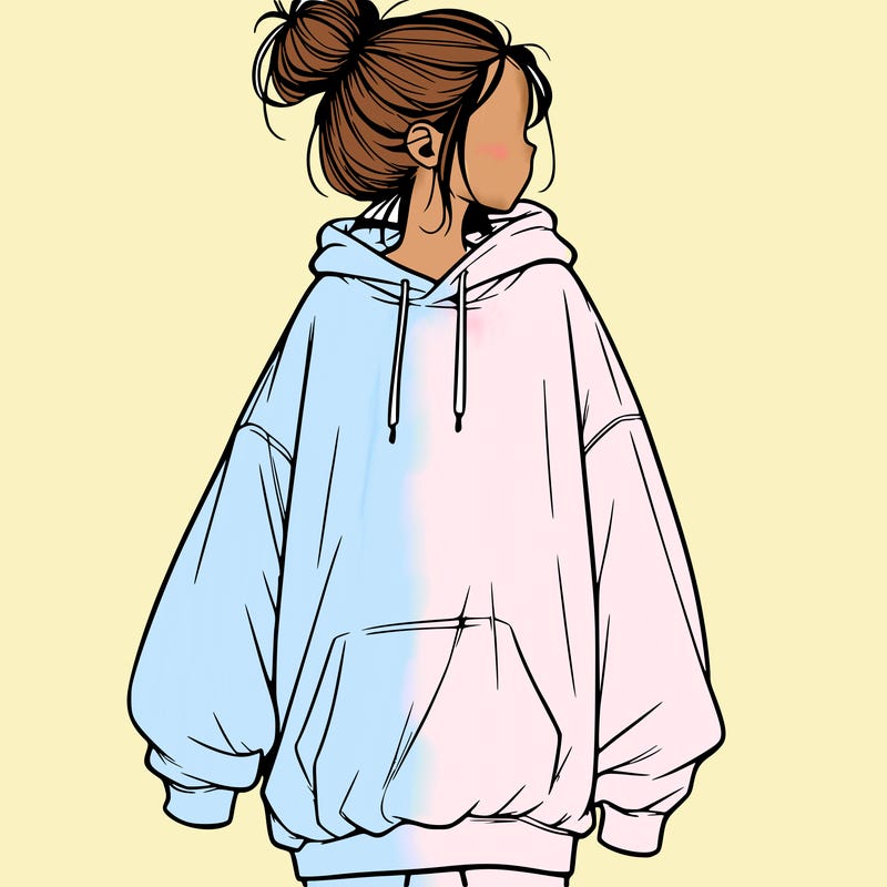 realistic girl with a oversized sweatshirt on and a bun