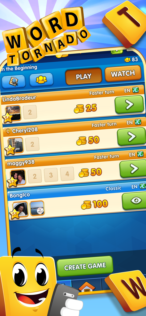 Wordtornado - Interface of the Wordtornado game lobby showing a list of active multiplayer matches and virtual coin stakes.