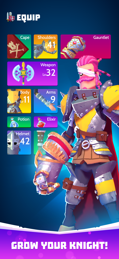 Character customization menu for a knight in the Knighthood mobile RPG