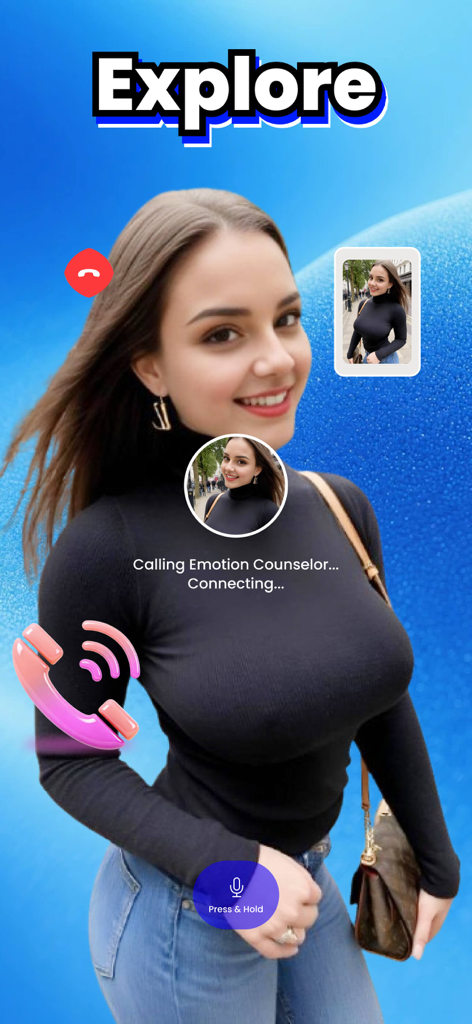 Fuset - Fuset app interface showing a voice call with an AI emotion counselor character