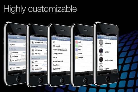 SpeedoCheck HUD - Uma coleção de telas de iPhone mostrando as configurações altamente personalizáveis e opções de medidores do aplicativo SpeedoCheck HUD.