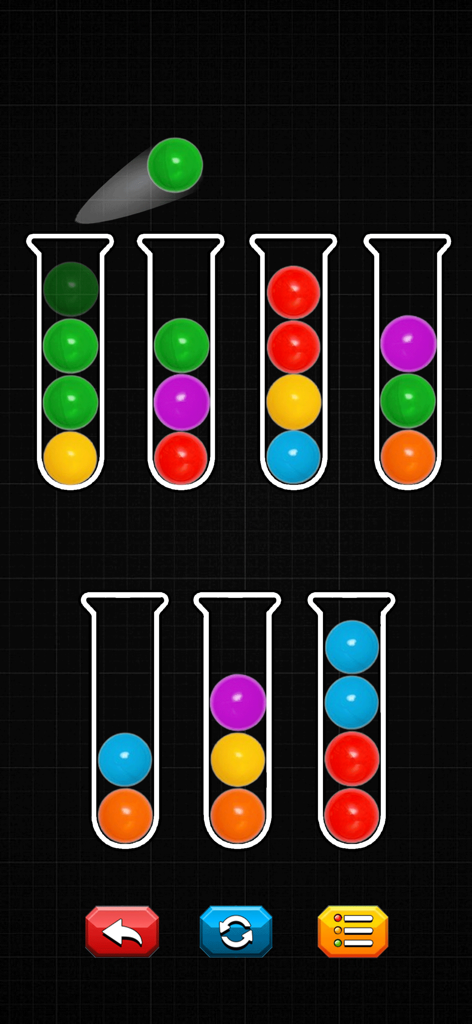 Color Ball Sorting-Puzzle Sort - Gameplay of Color Ball Sorting showing colored balls being organized into tubes on a dark grid background