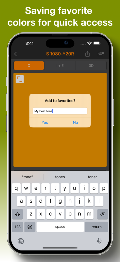 iPhone screenshot of the NCS color app showing the add to favorites feature with a custom name input