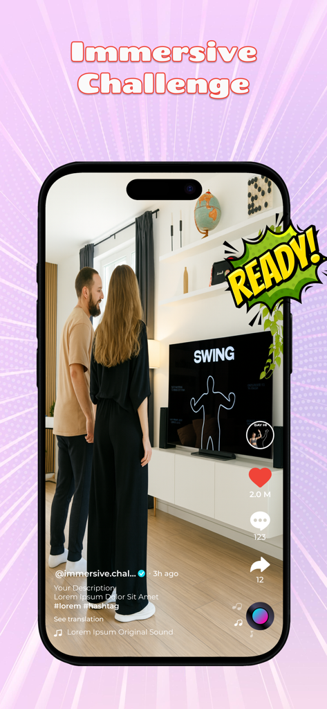 ソーシャルメディア風のインターフェースを示す、没入型ウォームアップアプリのインタラクティブビデオチャレンジ画面