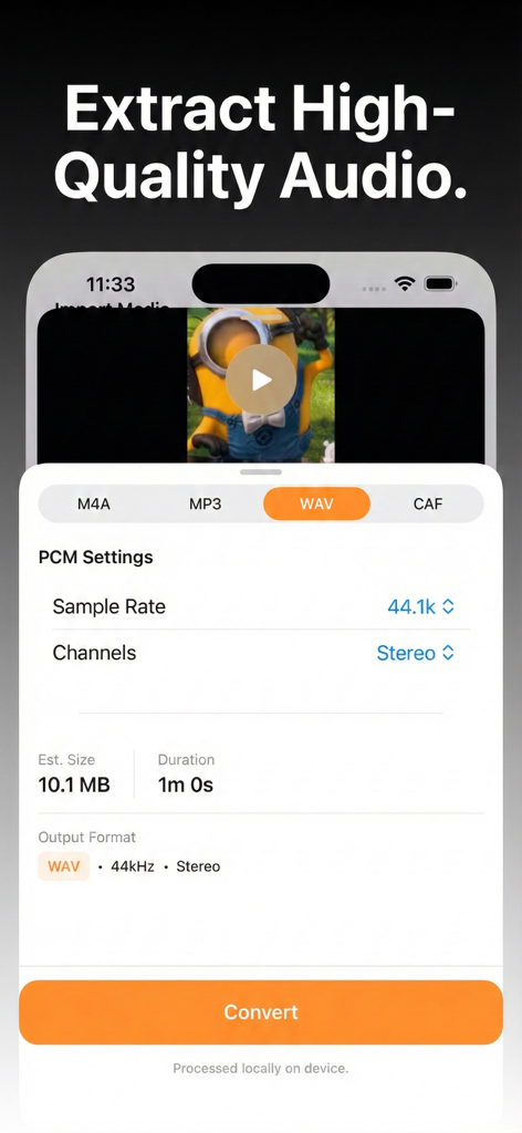 Offline Video Converter & Tool - 샘플 속도 및 스테레오 채널과 같은 PCM 옵션으로 비디오를 WAV 형식으로 변환하기 위한 오디오 추출 설정 표시
