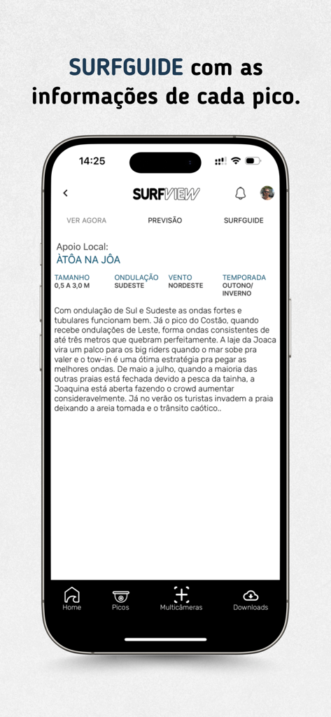 Écran d'iPhone affichant la fonction SurfGuide de SurfView avec des informations détaillées sur les spots de surf, y compris la taille des vagues, la direction de la houle et les conditions saisonnières.