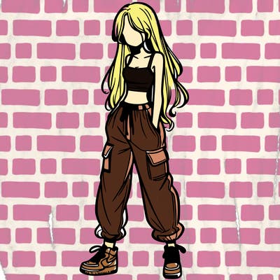 girl in baggy pants crop top and long hair