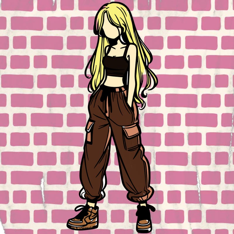 girl in baggy pants crop top and long hair