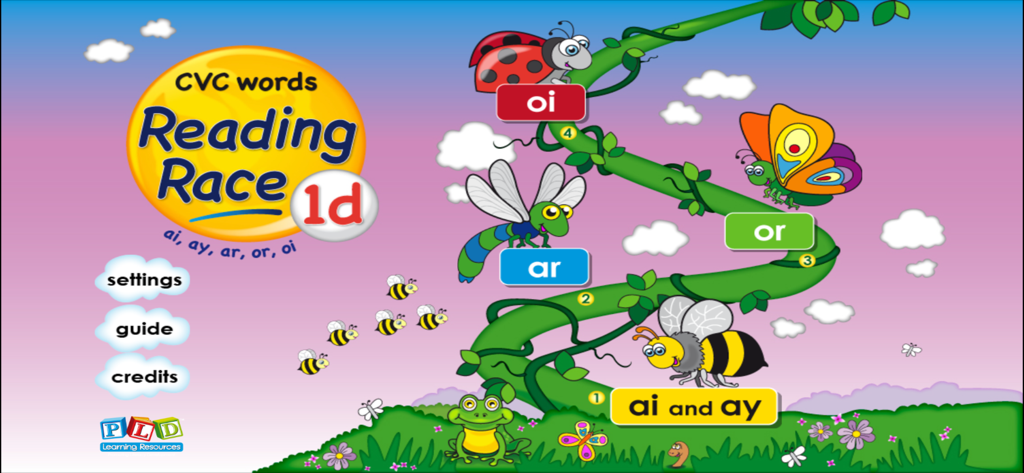 Reading Race 1d: ar, or and ai - Main menu screen of Reading Race 1d showing a cartoon beanstalk with phonics levels and friendly insect characters