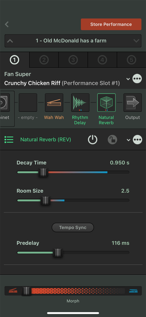 Interface de l'application Kemper Rig Manager montrant les commandes des effets de réverbération, y compris le temps de décroissance et la taille de la pièce
