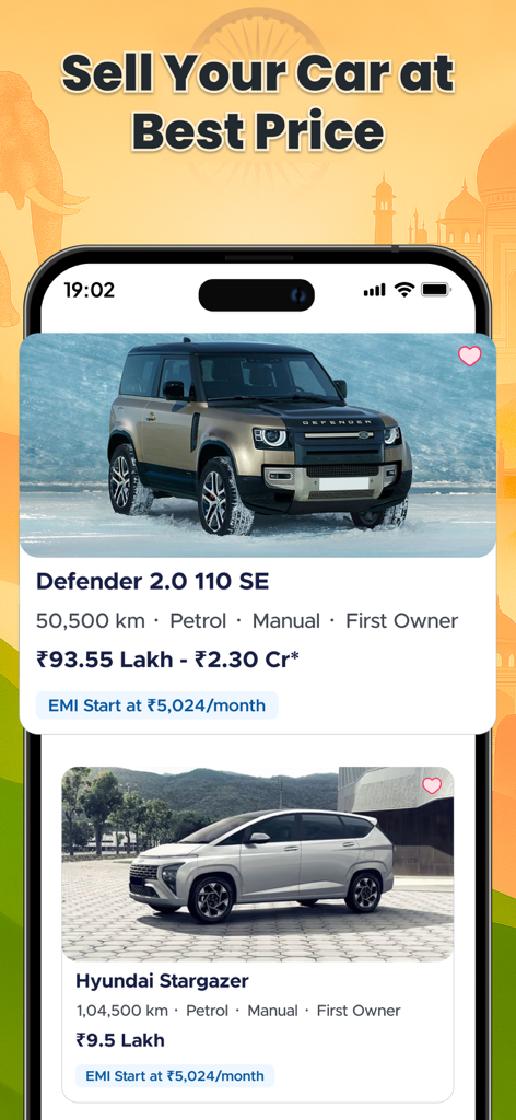 Mobile app interface displaying used car listings with pricing and specifications for resale.