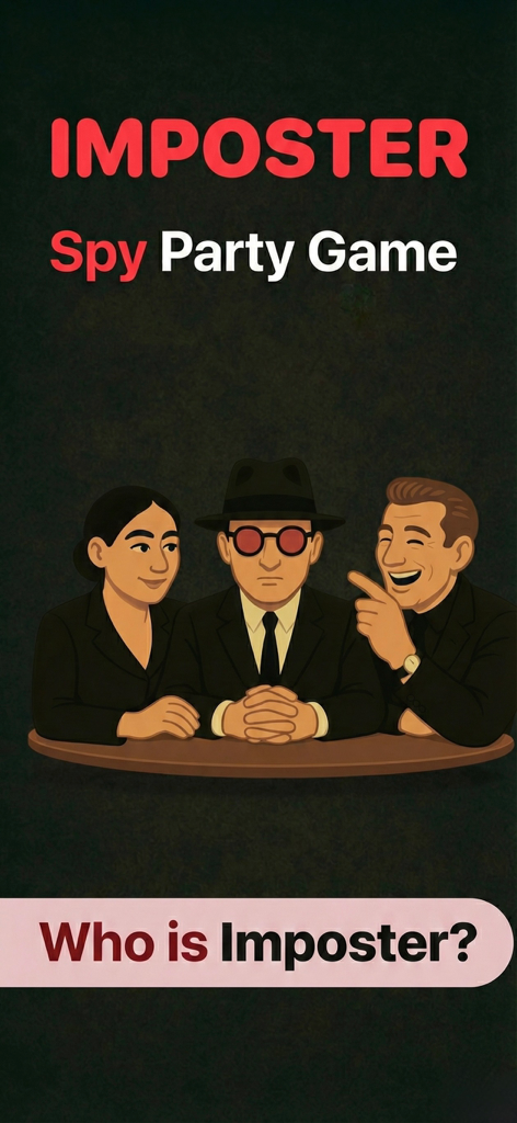 Imposter Spy Party Game - Intro screen of the Imposter Spy Party Game showing three characters in suits and a spy hat