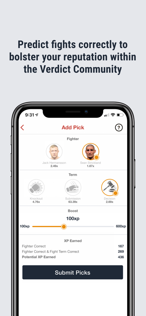 Interface for predicting MMA fight outcomes and earning XP within the Verdict community