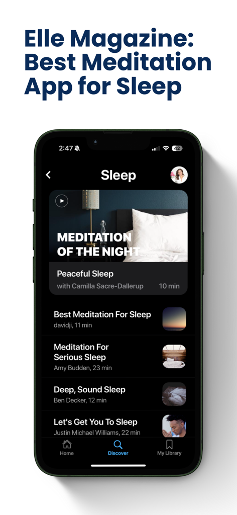 Unplug: Meditation - Unplug Meditation app interface showing various sleep meditation videos with an endorsement from Elle Magazine.