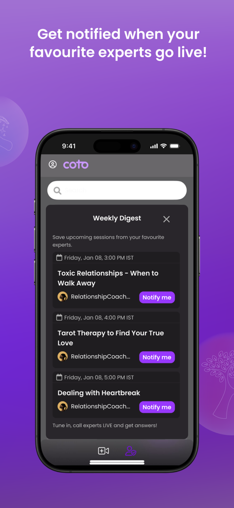 coto - Coto mobile app interface showing a weekly digest of upcoming live expert consultations on topics like relationship advice and tarot therapy.