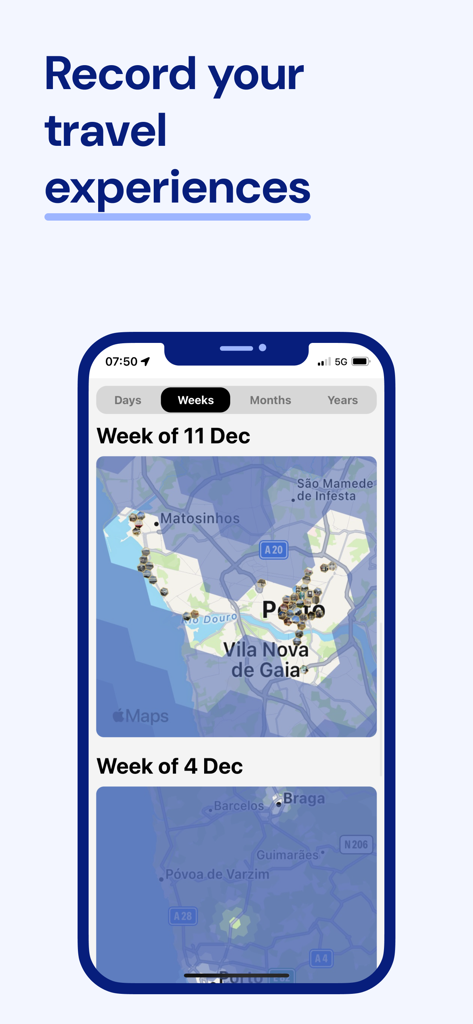Been & Done Travel Journal Map - Wöchentliche Reiseaufzeichnungskarte in der Been and Done Journal App