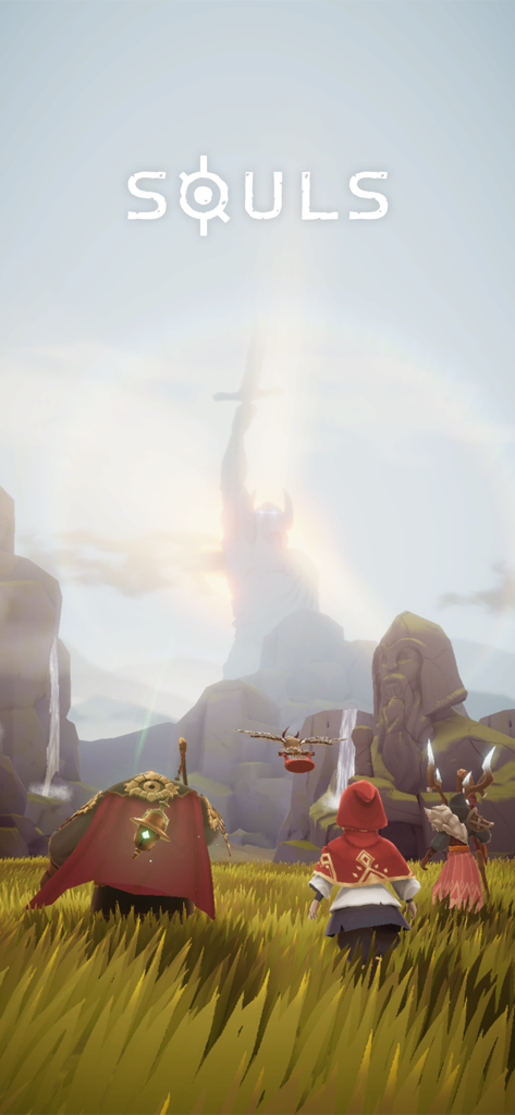SOULS - A group of heroes standing in a grassy field looking at a giant glowing statue in the SOULS game