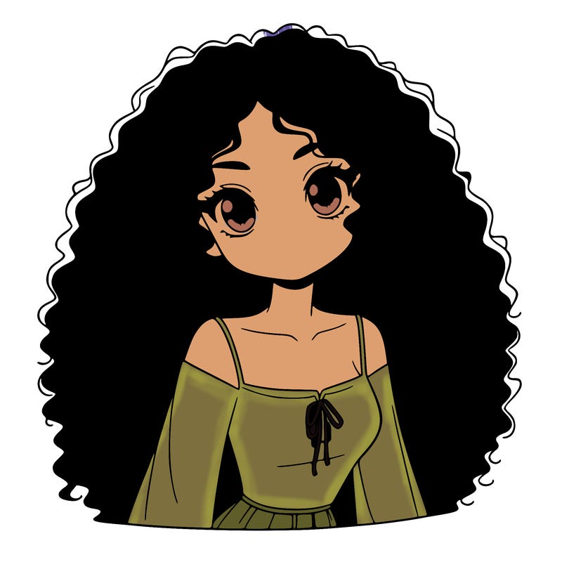 a black anime girl with long afro hair