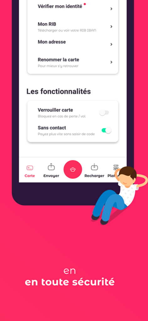 The MyPCS app interface showing card management options and security toggles for locking the card and contactless payments.
