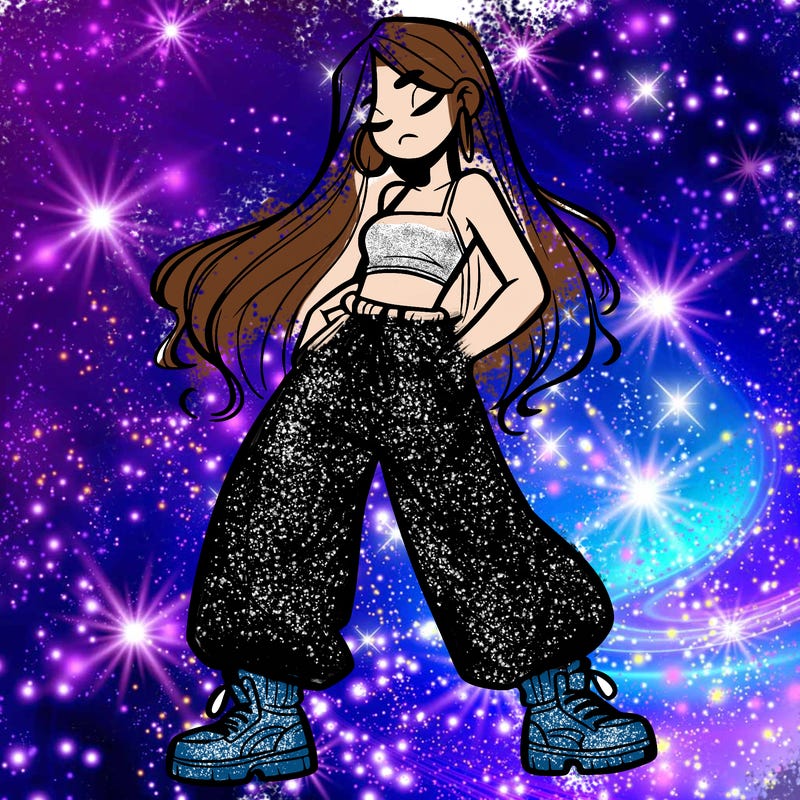 girl in baggy pants crop top and long hair