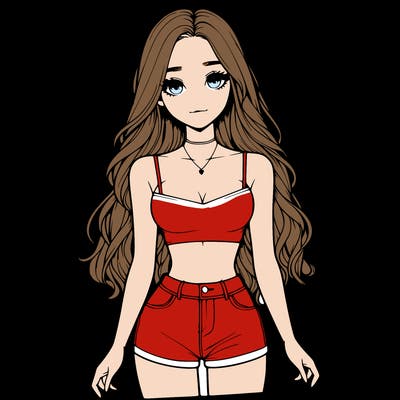 a realistic girl with long hair and in a crop top and shprts
