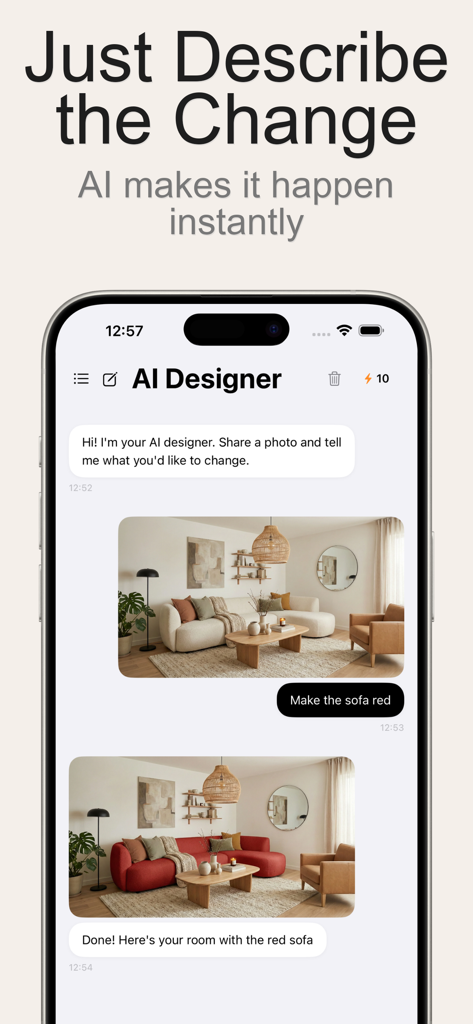AI Home Design - Room Decor - AI designer chat interface showing a living room makeover where the sofa color is changed to red via text prompt