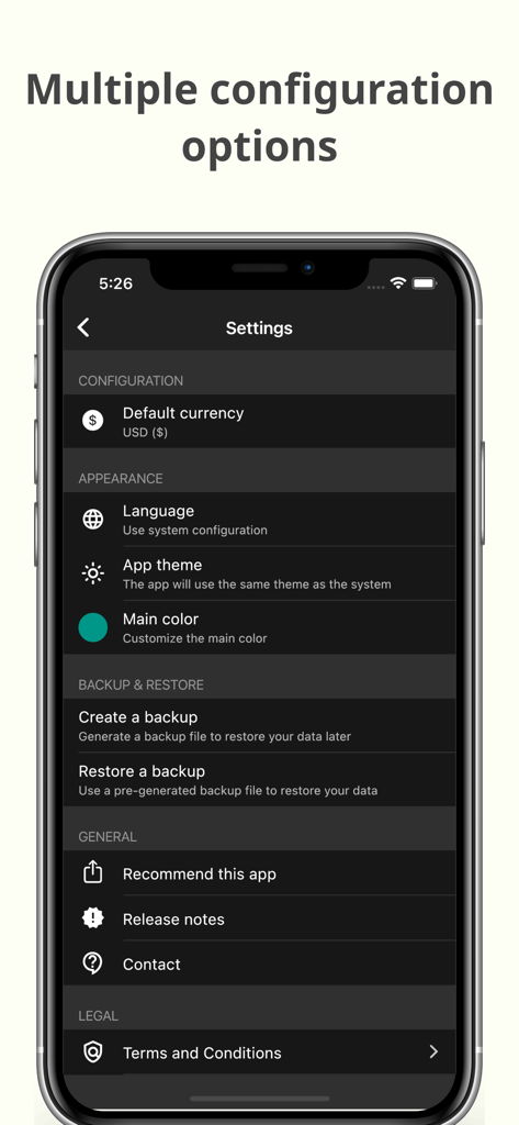 Debt Tracker - Debt payoff - Schermata delle impostazioni dell'app Debt Tracker che mostra le opzioni di configurazione per valuta, aspetto e backup e ripristino