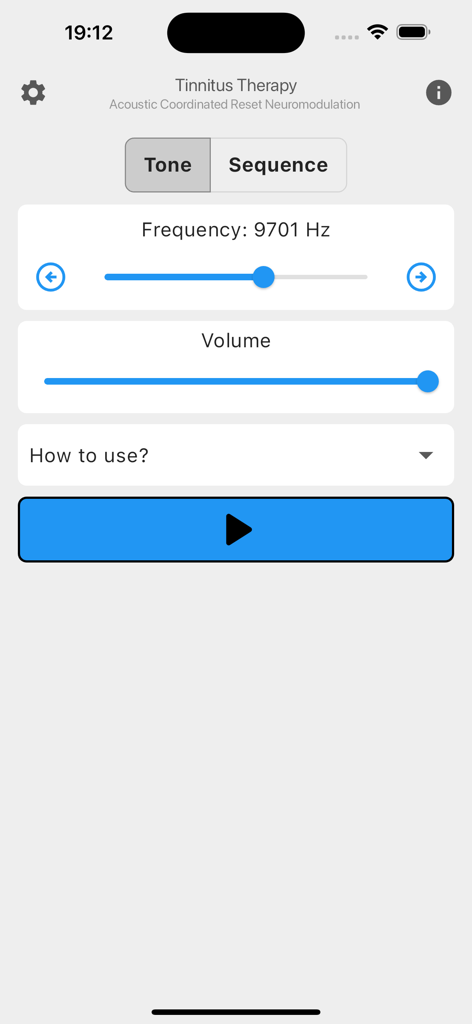 Tinnitus Therapy - ACRN - Interface de l'application Tinnitus Therapy présentant des curseurs de fréquence et de volume ACRN pour la thérapie sonore acoustique