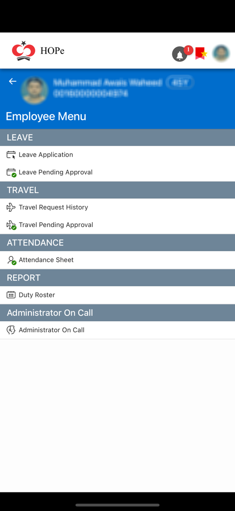 Shaukat Khanum App - Shaukat Khanum mobile app employee menu featuring leave application travel request and attendance management options