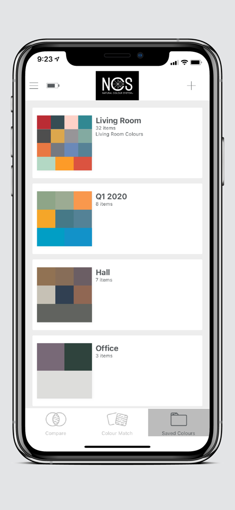 Colourpin - Interface of the Colourpin app displaying folders of saved color swatches for design projects like Living Room and Office.