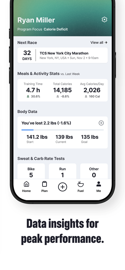 A smartphone screen displaying the Fuelin app dashboard with athlete training stats and a marathon countdown.