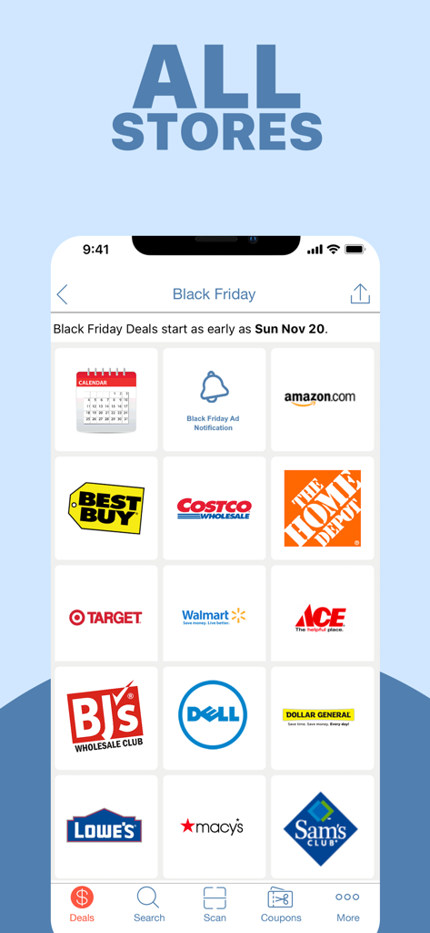 Mobile app screen showing a grid of retail store logos for Black Friday deals