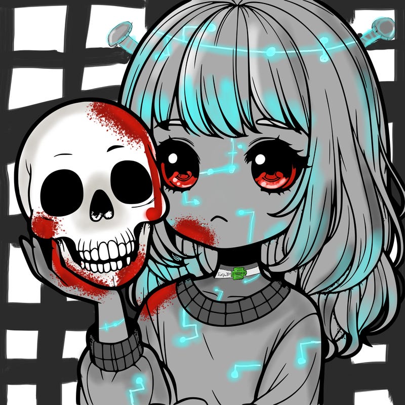 realistic cute girl holding a skull