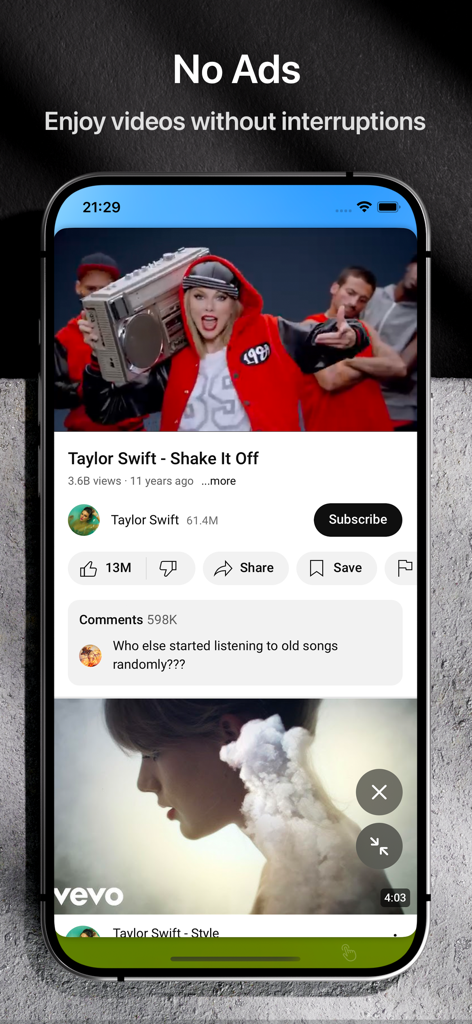 iPhone screen showing the YouPlay app playing a video with a No Ads headline