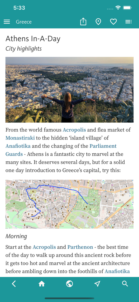 Reiseplan und Wanderkarte für Athen in der "Greece's Best"-Reiseführer-App