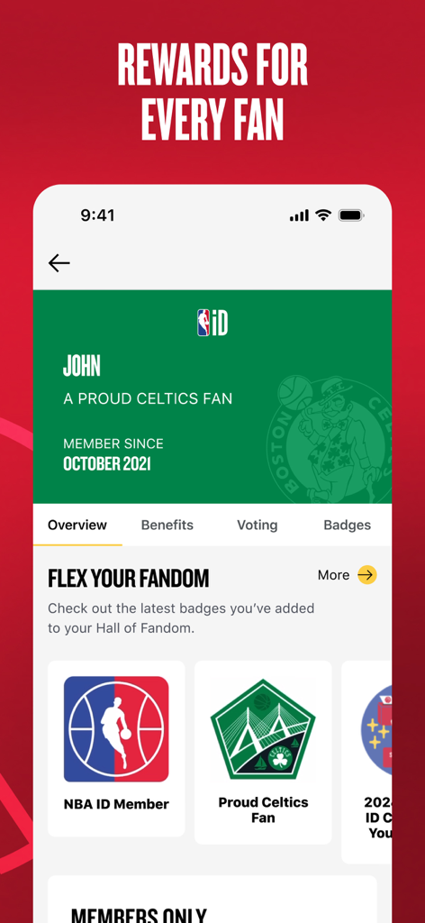 NBA ID user profile showing earned badges for a Boston Celtics fan in the mobile app