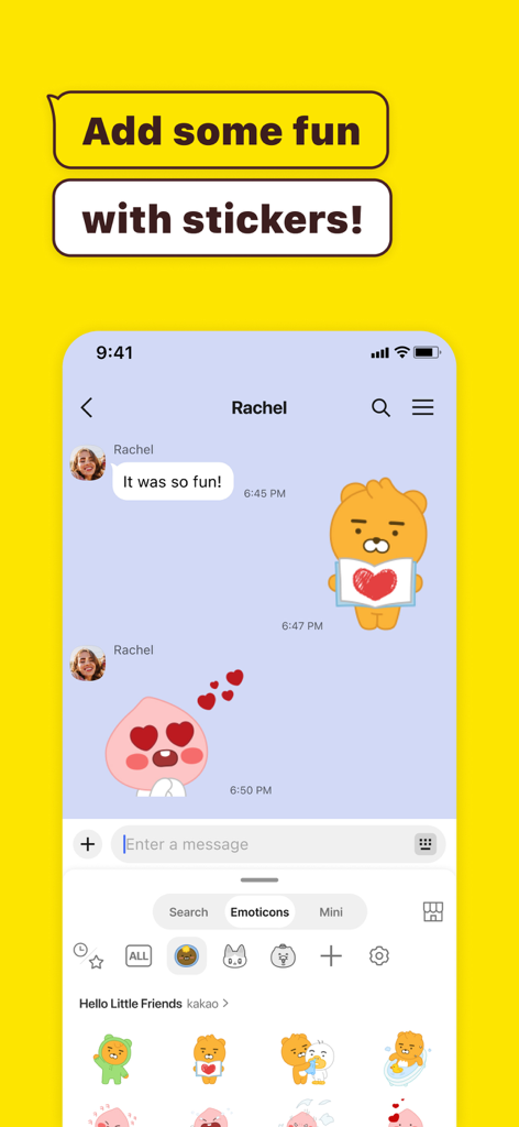 Capture d'écran de conversation KakaoTalk affichant des autocollants et des émoticônes expressifs avec la légende « Ajoutez du fun avec des autocollants ».