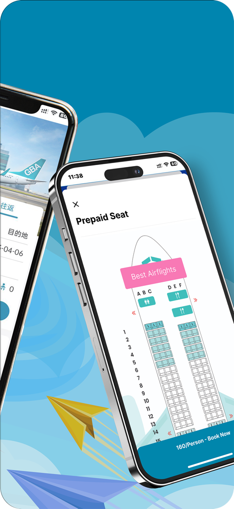선결제 좌석 선택 및 항공편 예약을 보여주는 그레이터 베이 항공 모바일 앱 인터페이스