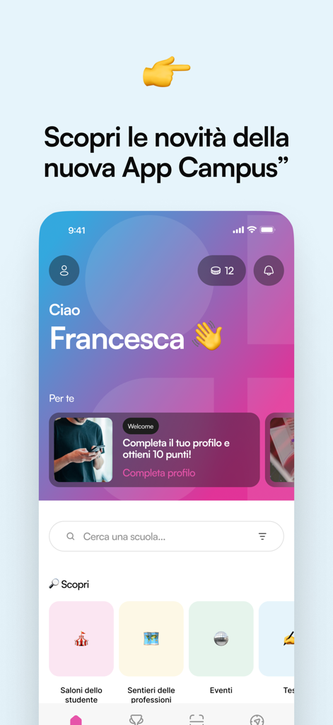 Interface of the CampusHub app showing personalized dashboard and school search options