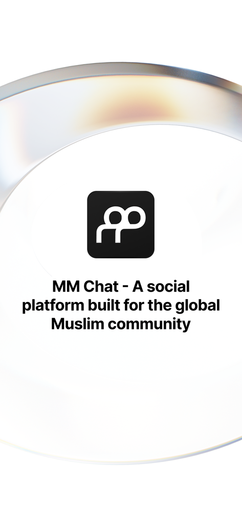 MM Chat: Muslim Social App - Logotipo do aplicativo MM Chat e texto descrevendo-o como uma plataforma social construída para a comunidade muçulmana global.