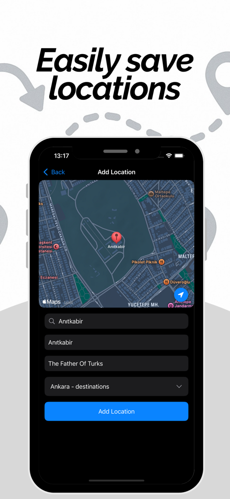 PinHub: Save Location - Interface of the PinHub app showing the add location screen with a map and category selection